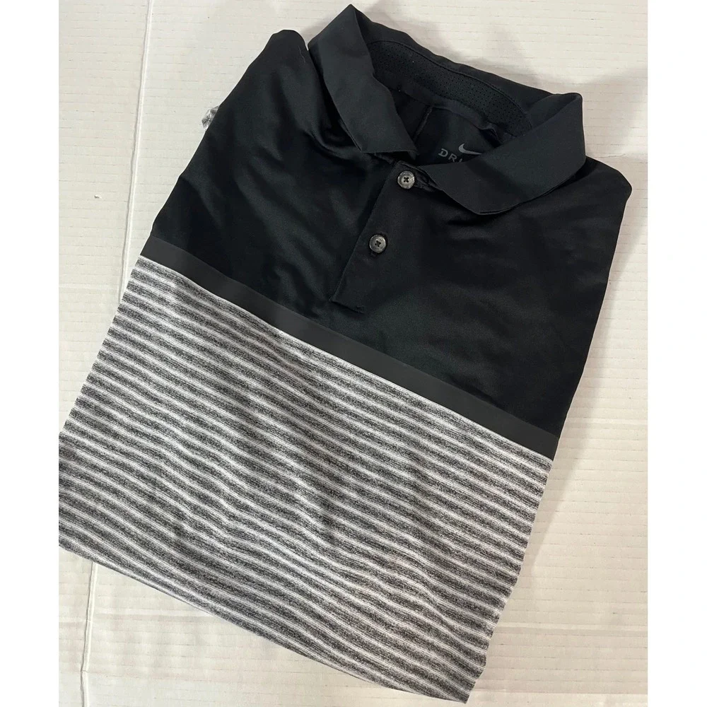 Nike Golf Polo Mens Medium Black Grey Striped Tiger Woods Dri-FIT Short Sleeve